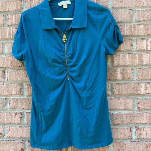 Teal Short Sleeve Collared Top - Picture 1 of 6
